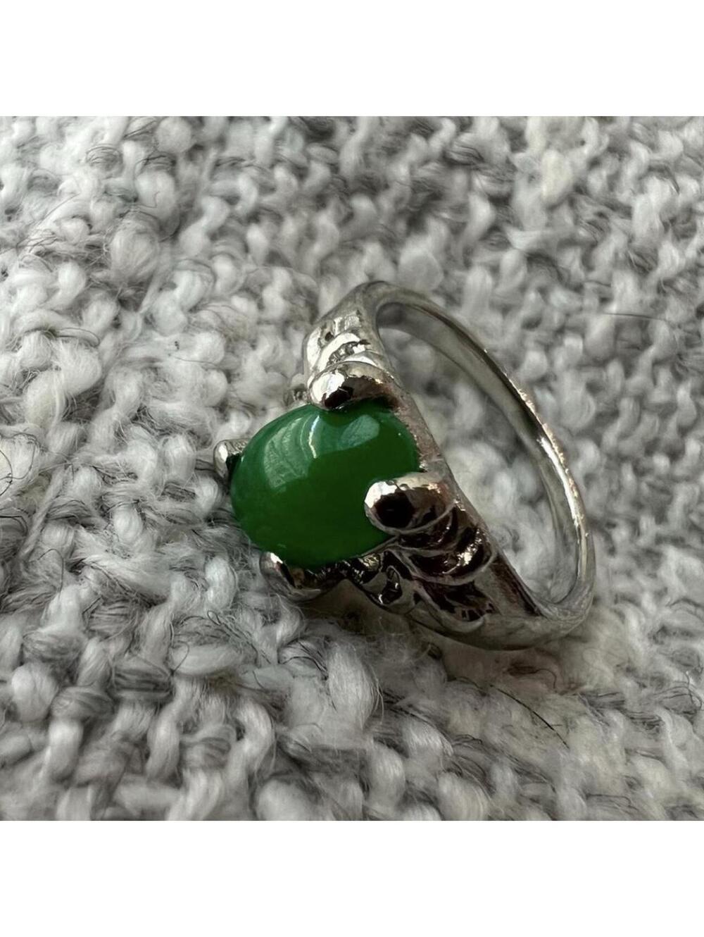 Women's Silver and Green Tone Jade Ring